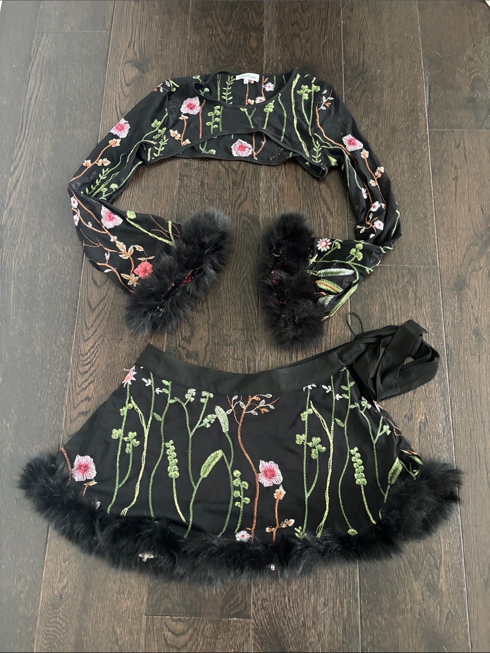 Embroidered Black Two-Piece Skirt and Top Set with Feather Trim